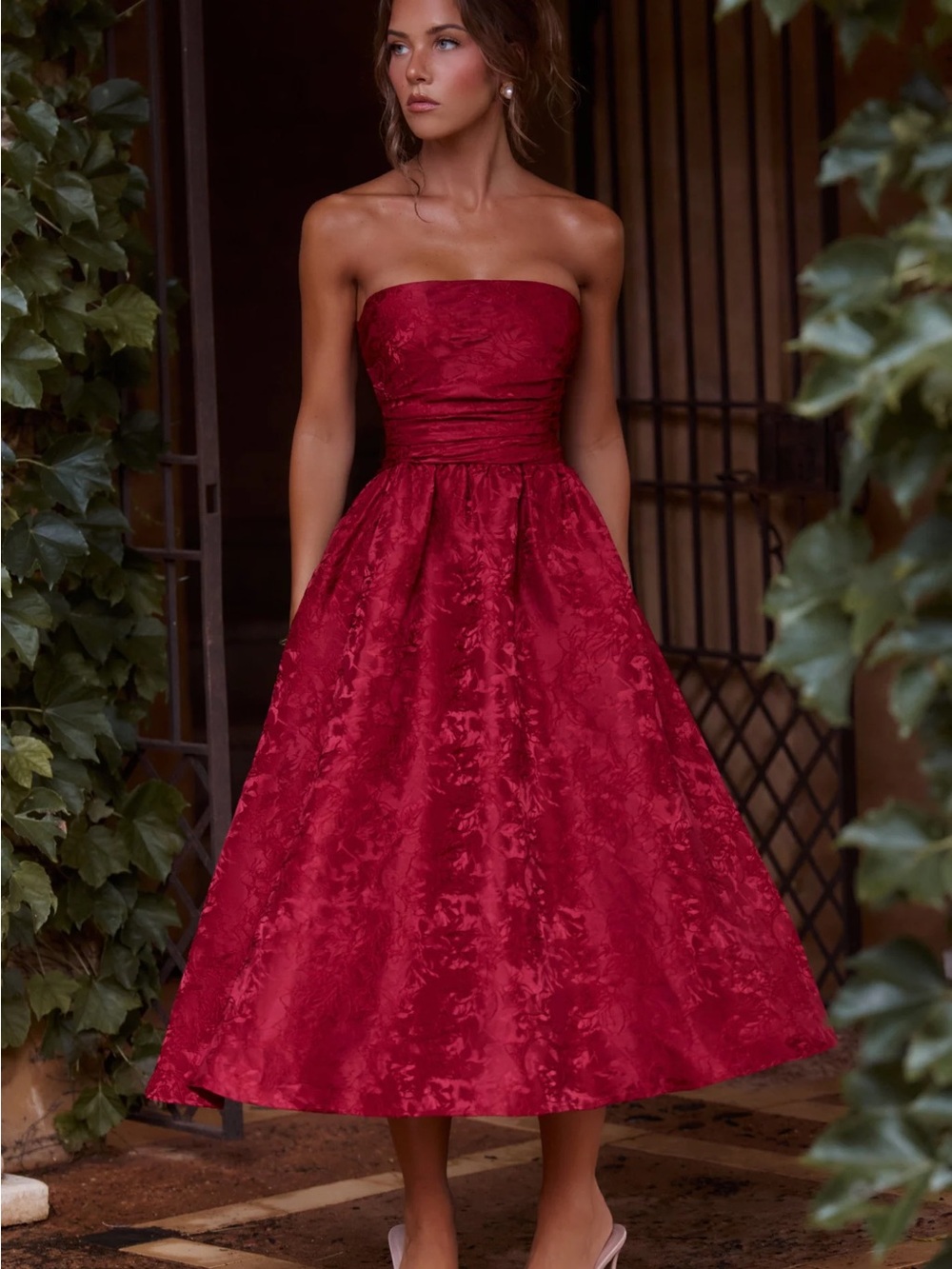 Strapless Red Jacquard Midi Dress - Elegant Evening